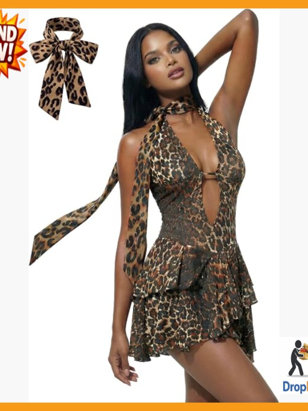 Y2K Leopard Print Halter Mini Dress Deep V Backless Layered Ruffle Party